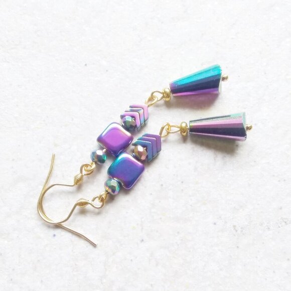 Peacock Purple Hues!!! One-of-a-kind Pair of Electroplated Dangle Earrings - Picture 2 of 7